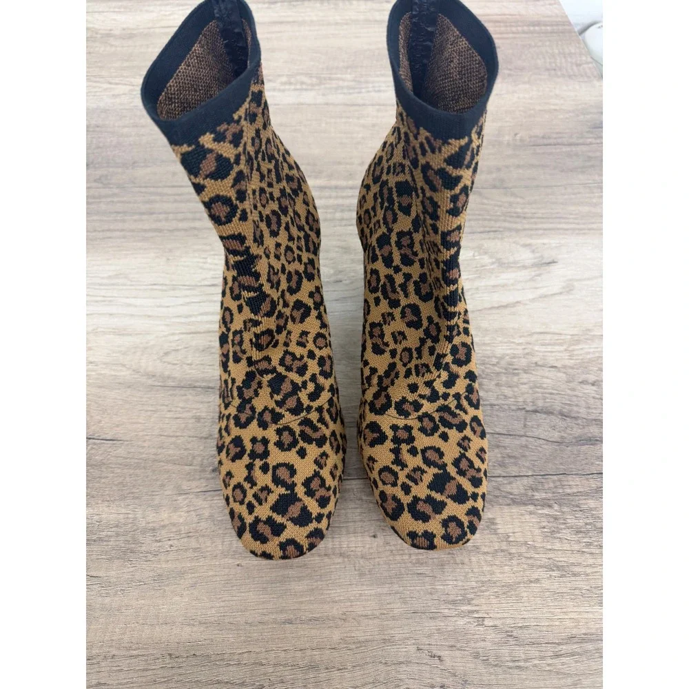 Leopard Print Sock Boots Block Heel Ankle Booties GS7553115Y Erika Tan Black 8.5